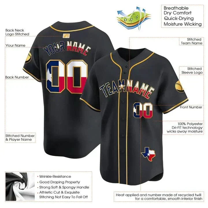 CUSTOM BLACK GOLD TEXAS FLAG BASEBALL JERSEY - EMBROIDERED-DTD