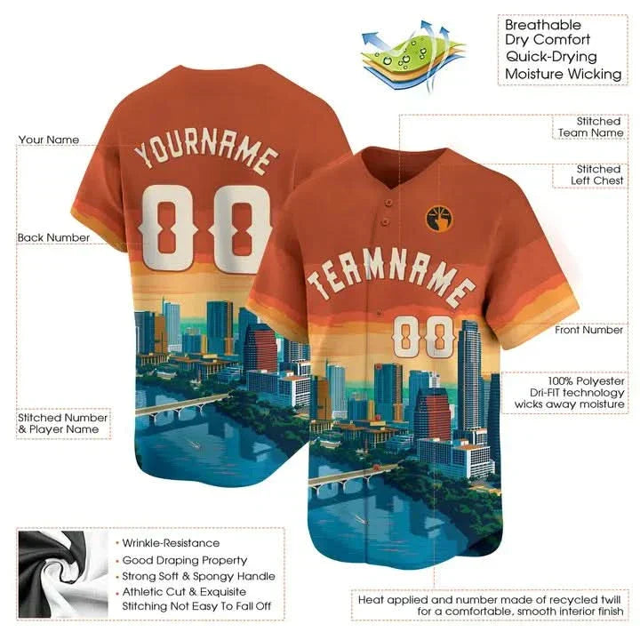 CUSTOM ORANGE 3D AUSTIN CITY TEXAS PATTERN BASEBALL JERSEY - PRINTED-DTD