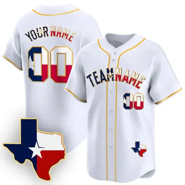 CUSTOM WHITE GOLD TEXAS FLAG BASEBALL JERSEY - EMBROIDERED-DTD