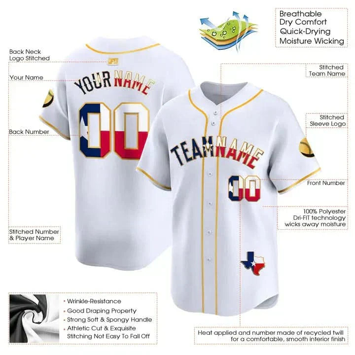 CUSTOM WHITE GOLD TEXAS FLAG BASEBALL JERSEY - EMBROIDERED-DTD